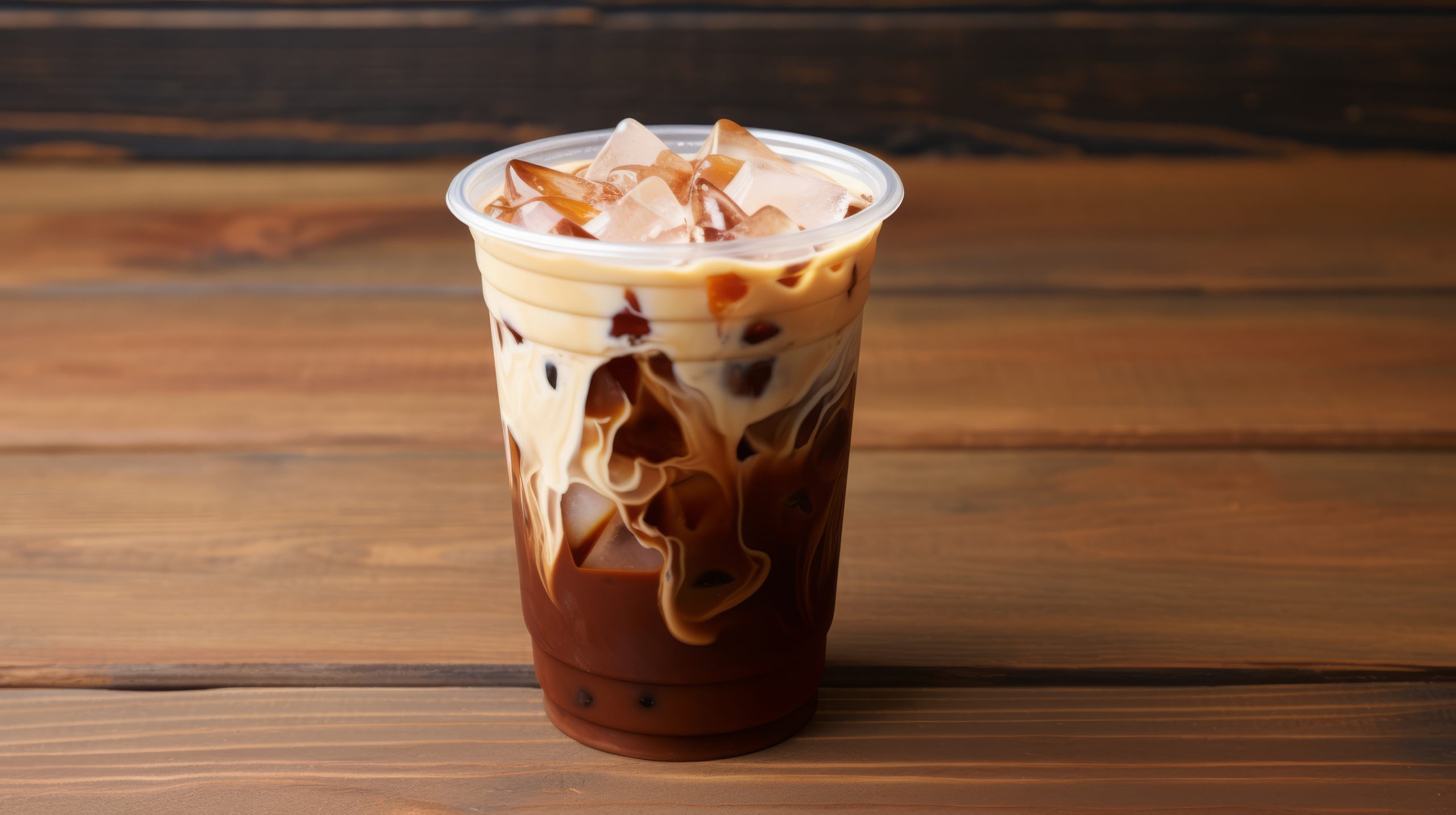 Iced coffee in plastic cup on wooden background. copy space