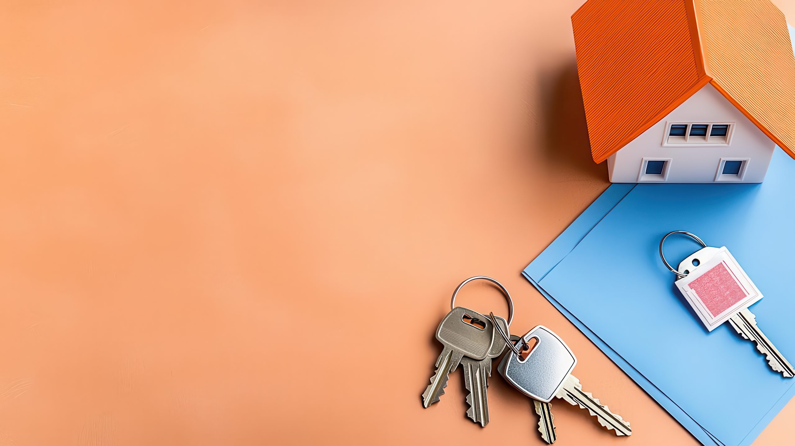 Foreclosure and bankruptcy - A house foreclosure document, a set of house keys, and a rejection stamp, isolated on a muted brown background with copy space. 3D Illustration.