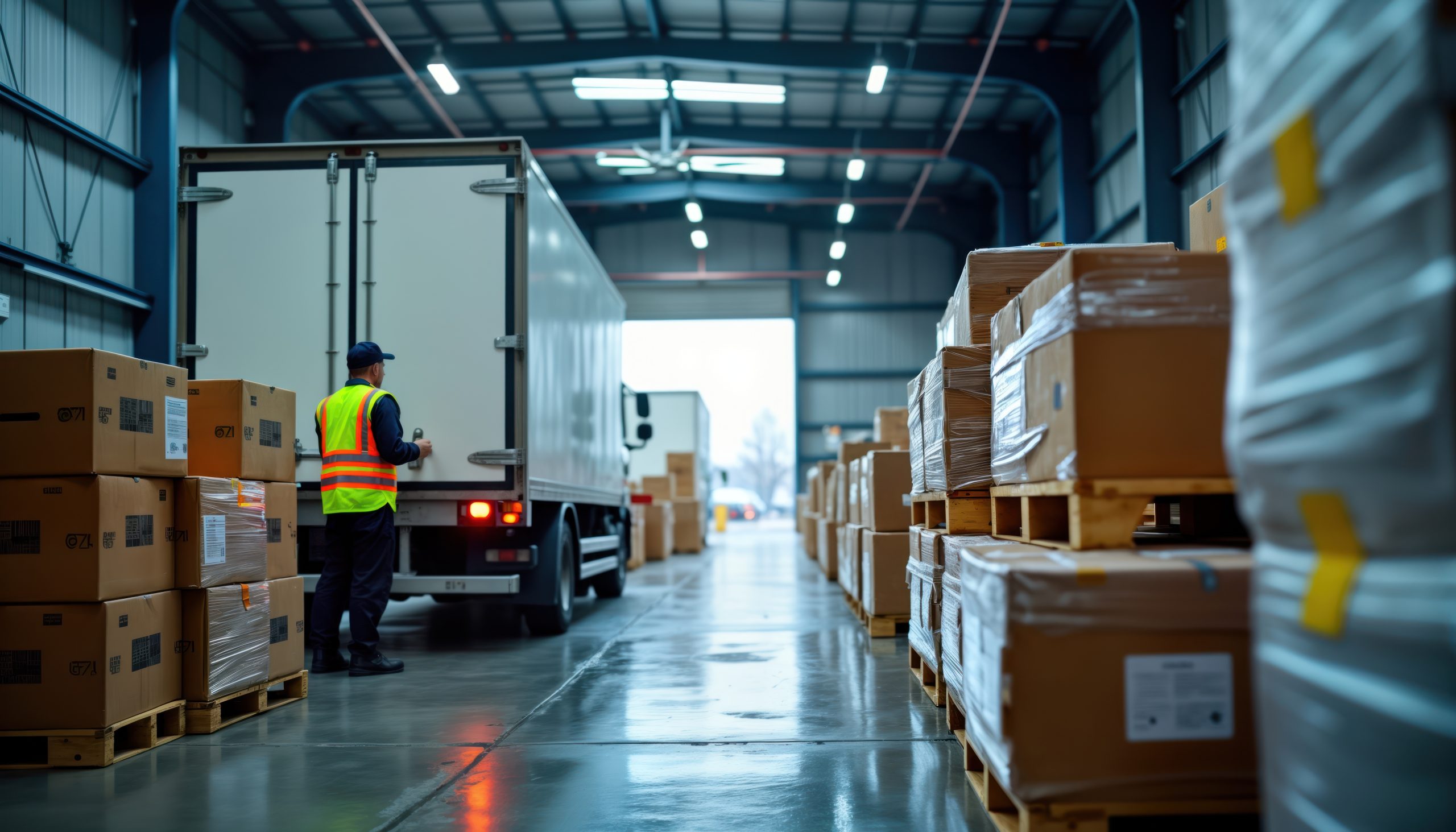 Warehouse worker in safety vest unloads truck. Many cardboard boxes stacked on wooden pallets in large indoor warehouse. White refrigerated truck parked inside warehouse. Cold chain logistics, food