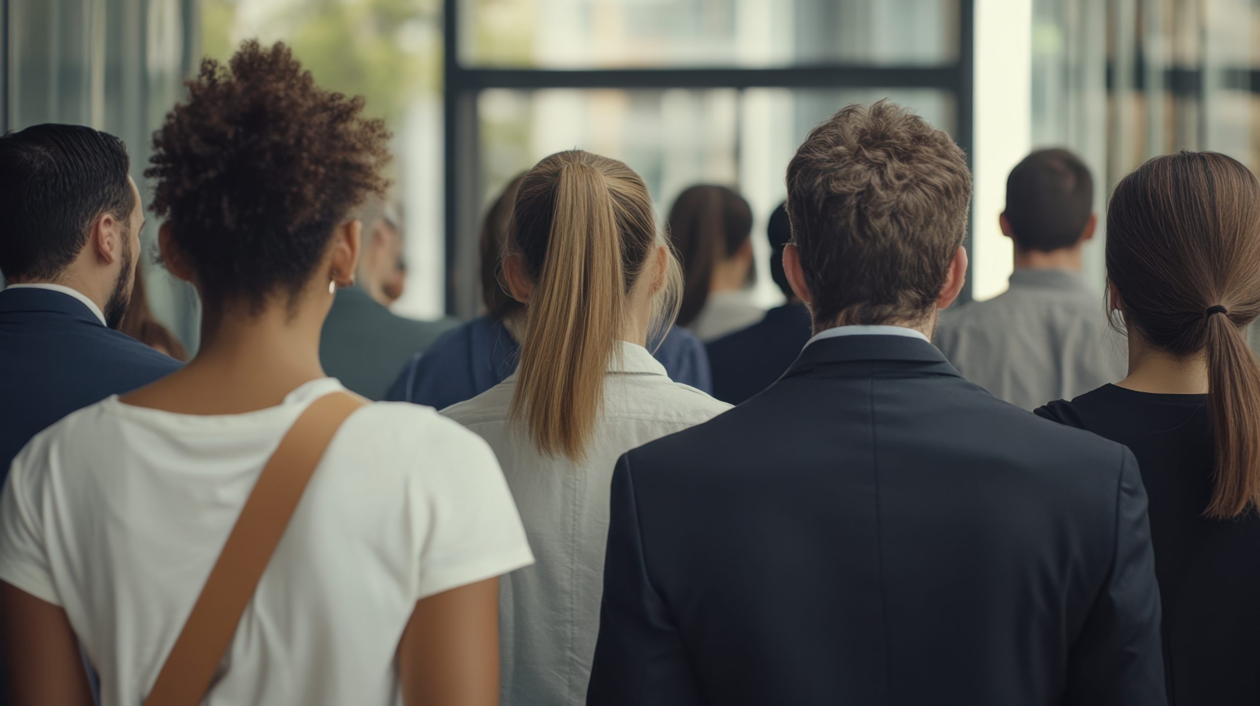 A diverse group of businesspeople standing in line, showcasing unity and professionalism in modern office environment. Their varied hairstyles and attire reflect individuality