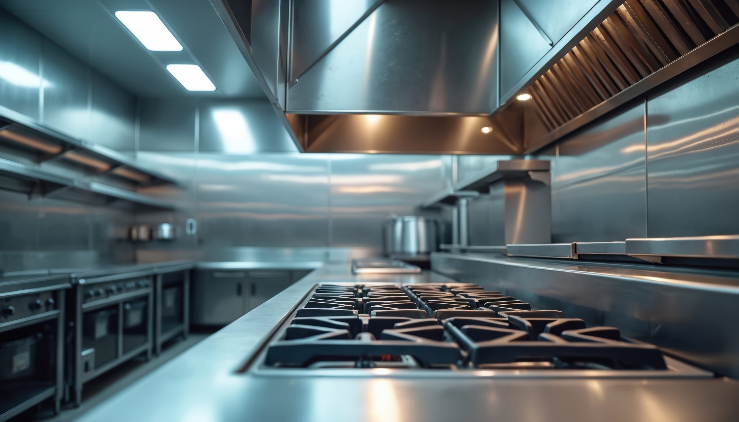 Modern commercial kitchen equipment in stainless steel. Range, grill, ventilation hood. Polished surfaces. Restaurant, eatery utensils. Pro cooking, food preparation. Clean design high-end