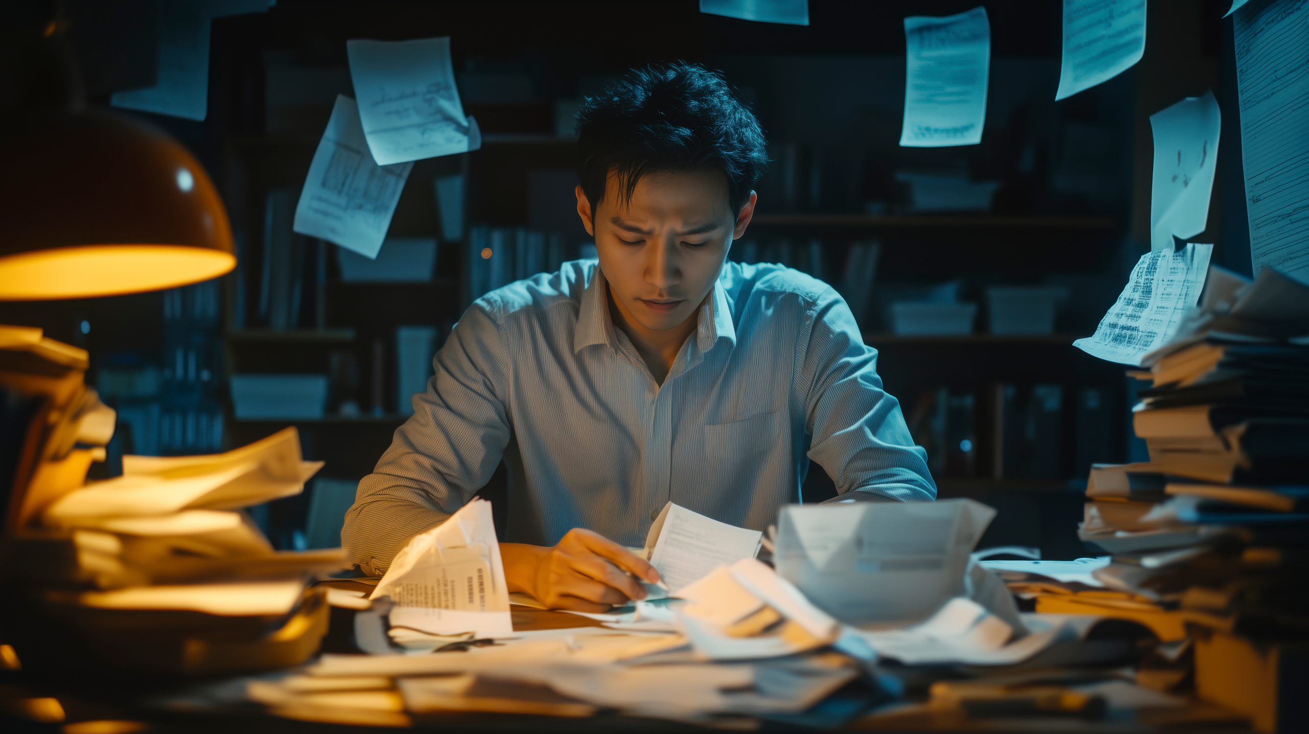 Stressed Business Owner Surrounded by Unpaid Bills, Looking for Solutions in a Late-Night Work Atmosphere